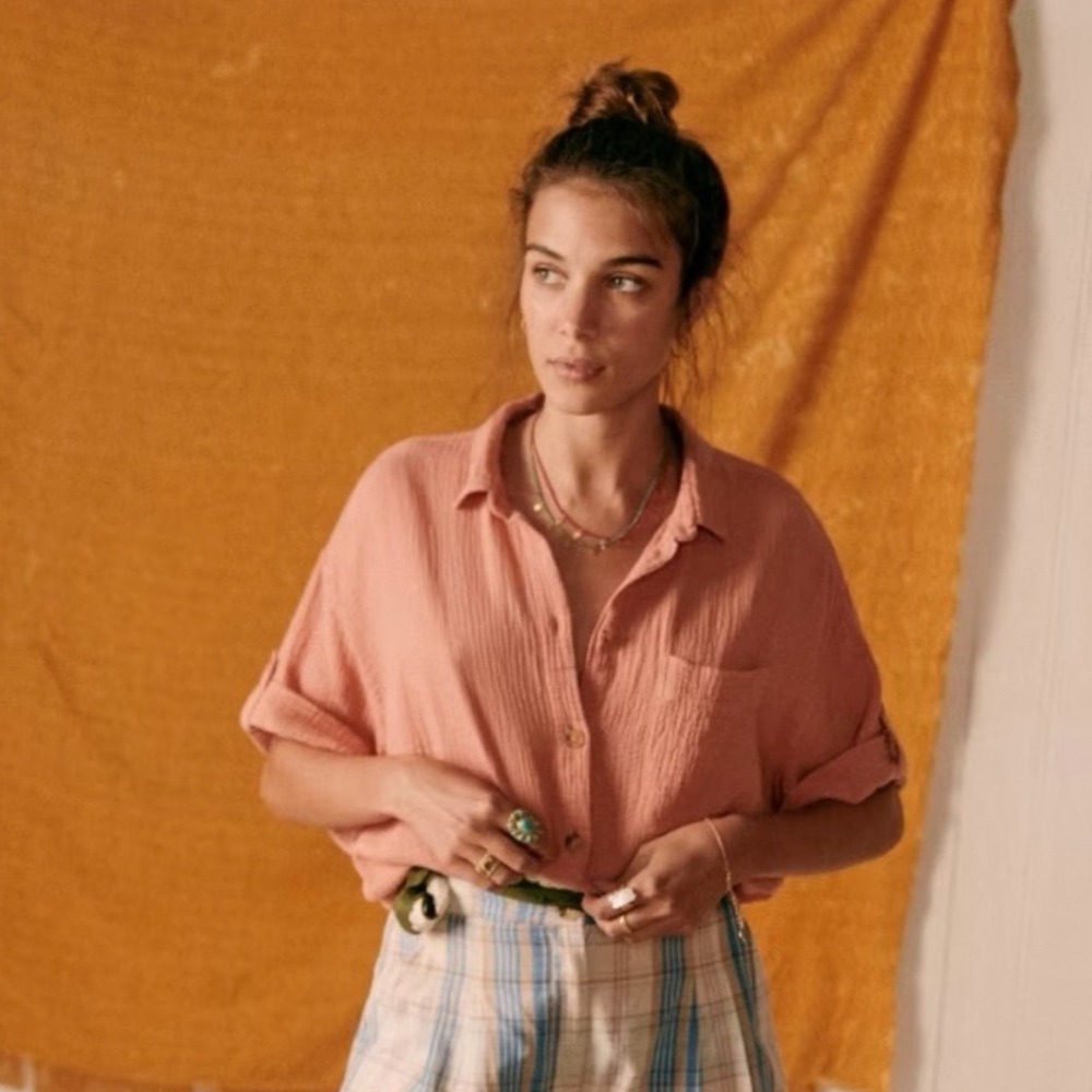 Sezane Laurine Cotton Gauze Button Up Shirt Medium Rosewood